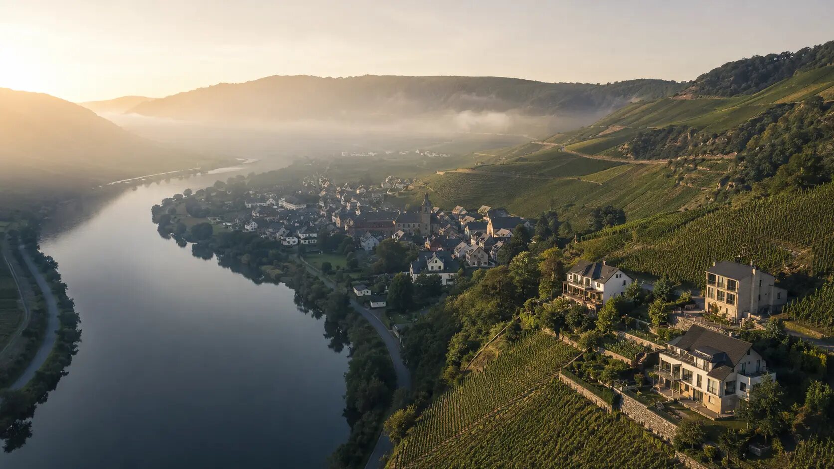 Luftaufnahme der Mosel mit Weinbergen und einer Ortschaft
